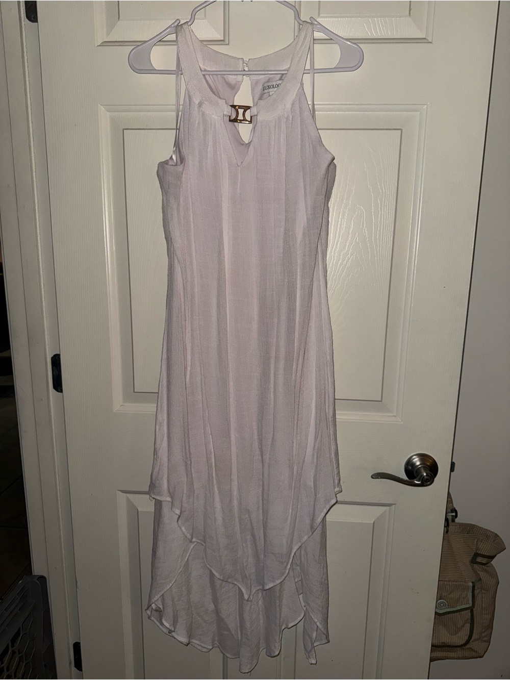 Luxology White High-Low Sleeveless Dress with Gold Metal Accent